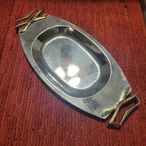 Vtg Mid Century Kromex Oval Serving Tray Chrome w/ Gold Tone Handles Made In USA
